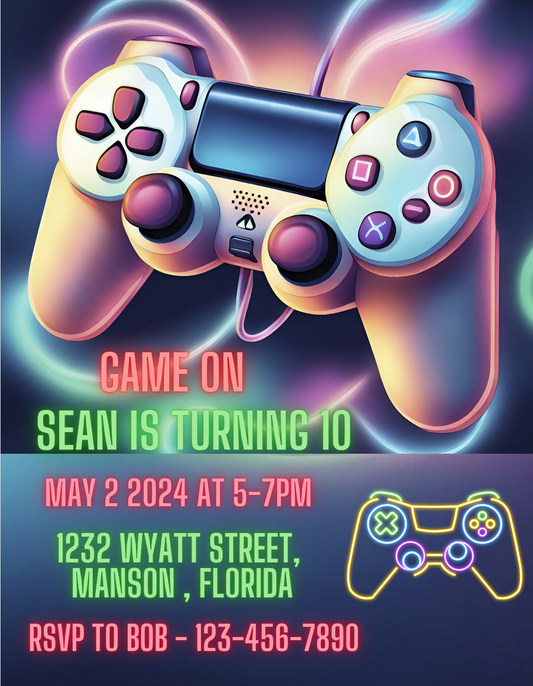Video Game Birthday Invitation Template, Video Game Invitation, Neon Glow, Green Blue Glow, Kid Invite, Boy Game Party, Boy Gamer Invitation